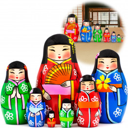 Nesting Dolls Set of 7 - Matryoshka, Kokeshi, Geisha & Daruma Dolls - Japanese Decor