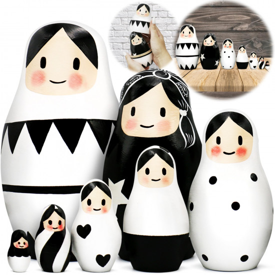 Black and White Wooden Nesting Dolls Set of 7 pcs - Black and White Decor