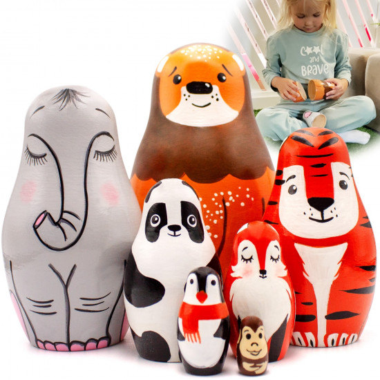 Zoo Animals Nesting Dolls Set 7 pcs - Russian Dolls as Cute Zoo Animal Figures