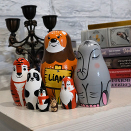 Personalized Zoo Animals Nesting Dolls Set of 7 Pcs Hand-Painted - Custom Name Gifts