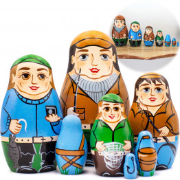 Fishermen Nesting Dolls Set of 7 pcs - Russian Matryoshka Dolls for Fishing Office Decor
