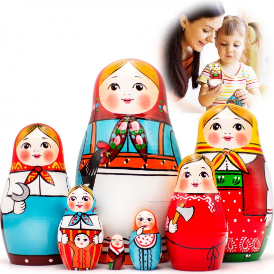 Russian Nesting Dolls Set 7 pcs - Wooden Russian Matryoshka Oldest Design - Handmade Folk Art Dolls