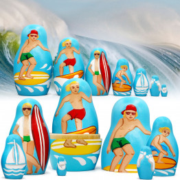 Surfing Beach Theme Nesting Dolls Set of 7 pcs - Coastal Surf Decor Matryoshka Doll 