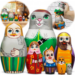 Puss in Boots Nesting Dolls Set of 7 – Hand-Painted Wooden Fairy Tale Matryoshkas