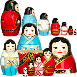 Set of Matryoshka Dolls with Panda and Women in Chinese Traditional Hanfu Dresses