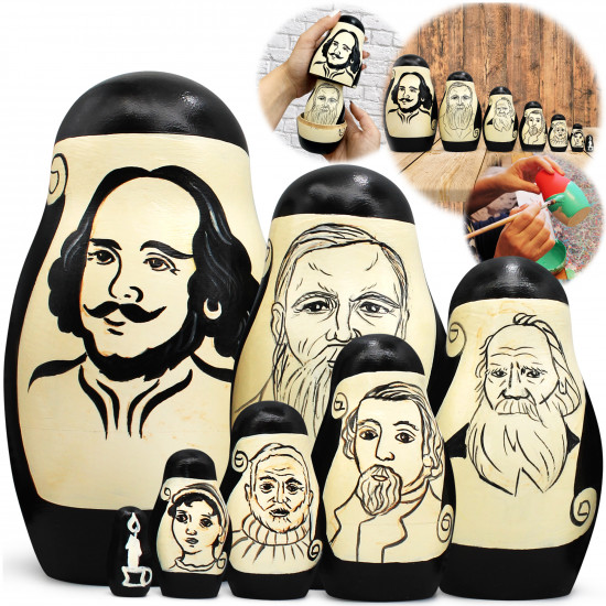 Hand Painted Russian Nesting Dolls Set – Famous World Writers 7 pcs