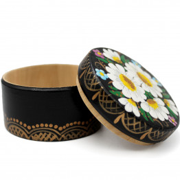 Black Round Wooden Box with Lid - Keepsake Decorative Box with Hand Painted Daisies