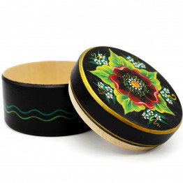 Black Round Trinket Box with Hand Painted Ethnic Floral Pattern - Decorative Box for Vanity
