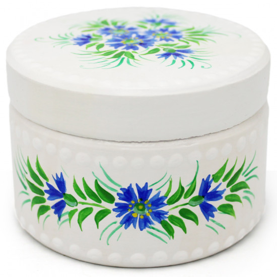Round White Vintage Jewelry Box with Cornflowers - Decorative Wooden Storage Box