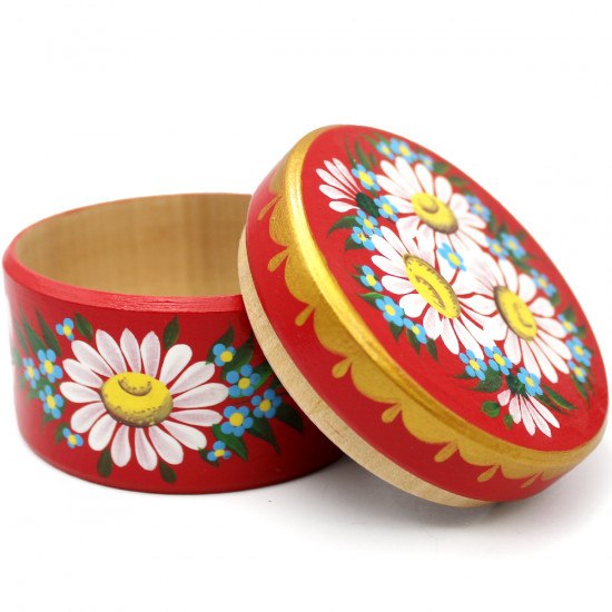 Red Round Wooden Trinket Box with Lid for Jewelry - Decorative Wooden Box with Hand Painted Slavic Floral Design