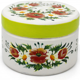 White Round Trinket Box with Lid with Poppies and Daisies - White Jewelry Box with Floral Design
