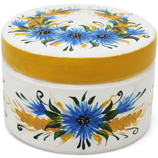 White Earring Jewelry Box with Hand Painted Spikelets and Cornflowers - Round Trinket Box