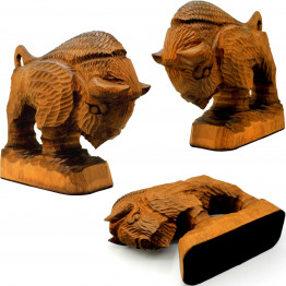 Hand-Carved Wooden Bison Figurine, 5.2 inch - American Buffalo Desk Statue