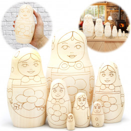 Unpainted Nesting Dolls Set of 7 – Flower Outline Wooden Matryoshka Blanks for Painting – DIY Folk Art Kit
