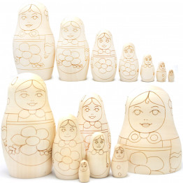 Unpainted Nesting Dolls Set of 7 – Flower Outline Wooden Matryoshka Blanks for Painting – DIY Folk Art Kit