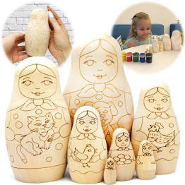 Unpainted Nesting Dolls Set of 7 – Wood DIY Matryoshka Blanks with Animal Outlines – Girl & Animal Theme
