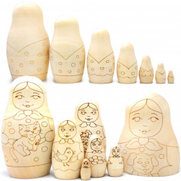 Unpainted Nesting Dolls Set of 7 – Wood DIY Matryoshka Blanks with Animal Outlines – Girl & Animal Theme