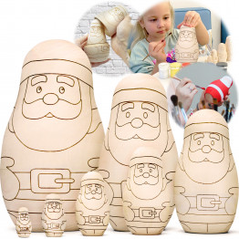 Santa Claus Wooden Nesting Dolls Kit for Painting - 7 Pieces of Natural Wood
