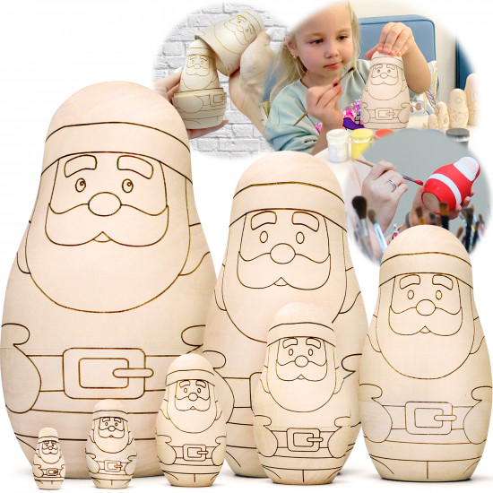 Santa Claus Wooden Nesting Dolls Kit for Painting - 7 Pieces of Natural Wood