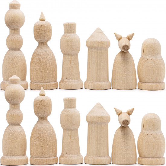 Unfinished Wood Chess Pieces Only Set of 32 pcs - Paint Your Own Chess Set - Blank Chess Sets for DIY