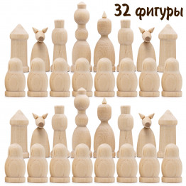 Unfinished Wood Chess Pieces Only Set of 32 pcs - Paint Your Own Chess Set - Blank Chess Sets for DIY