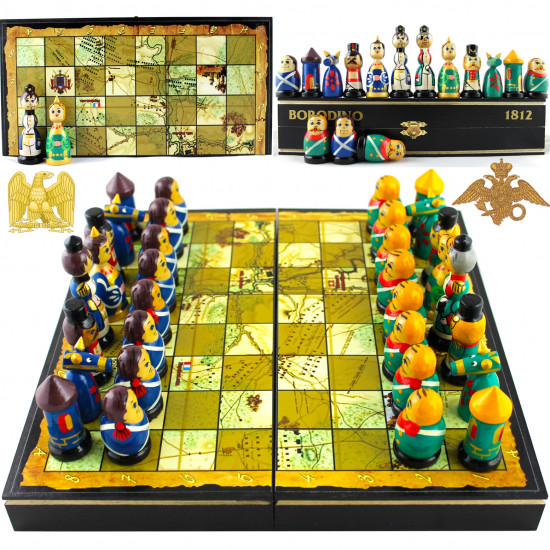 Battle Borodino 1812 Themed Chess Set - Handmade Souvenir Chess Pieces Russian Nesting Dolls