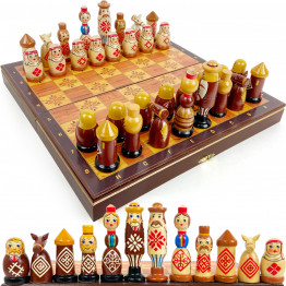 Hand-Painted Wooden Chess Set with Belarusians National Symbols