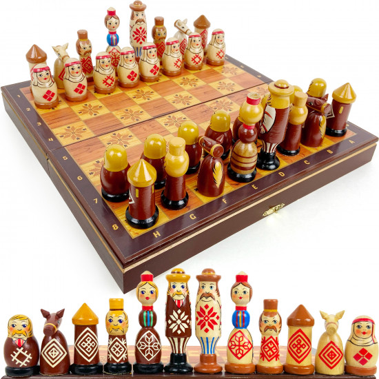 Hand-Painted Wooden Chess Set with Belarusians National Symbols