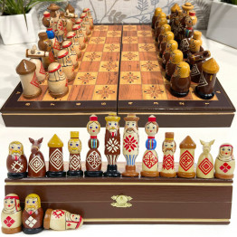 Hand-Painted Wooden Chess Set with Belarusians National Symbols