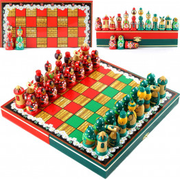 Souvenir Chess Set with Hand Painted Chamomiles - Wooden Chess Pieces as Matryoshka Dolls