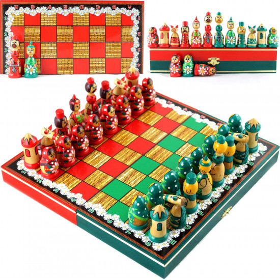 Souvenir Chess Set with Hand Painted Chamomiles - Wooden Chess Pieces as Matryoshka Dolls