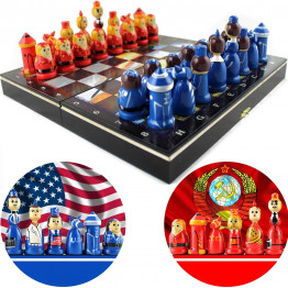 Cold War Souvenir Wooden Chess Set - Hand Carved Chess Pieces Matryoshka Dolls