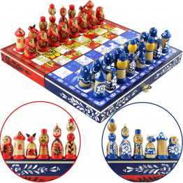 Wooden Chess Set – Gzhel & Khokhloma Nesting Doll Design