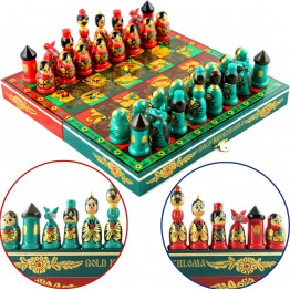 Golden Khokhloma Matryoshka Chess Set – Hand-Painted Russian Wooden Chess Game