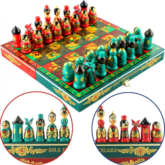 Golden Khokhloma Matryoshka Chess Set – Hand-Painted Russian Wooden Chess Game
