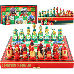 Russian Nesting Doll Chess Set – Hand-Painted Wooden Chess Game "Golden Ring of Russia"