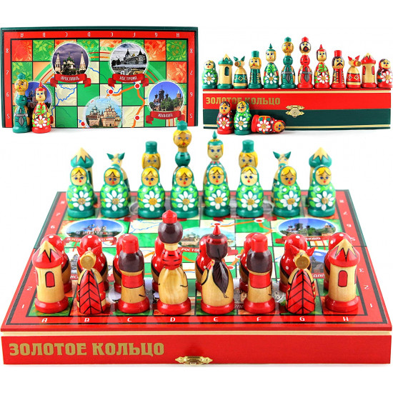 Russian Nesting Doll Chess Set – Hand-Painted Wooden Chess Game "Golden Ring of Russia"