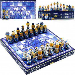 Gzhel Themed Chess Set - Russian Gzhel Chess Pieces Russian Nesting Doll