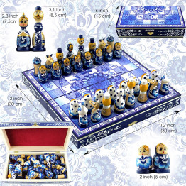 Gzhel Themed Chess Set - Russian Gzhel Chess Pieces Russian Nesting Doll