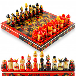 Souvenir Chess Set Russian Folk Art Khokhloma - Handcrafted Chess Pieces as Matryoshka Dolls