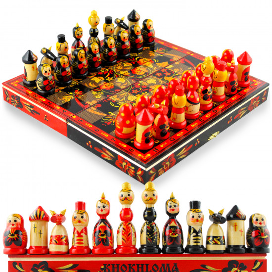 Souvenir Chess Set Russian Folk Art Khokhloma - Handcrafted Chess Pieces as Matryoshka Dolls