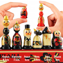 Souvenir Chess Set Russian Folk Art Khokhloma - Handcrafted Chess Pieces as Matryoshka Dolls