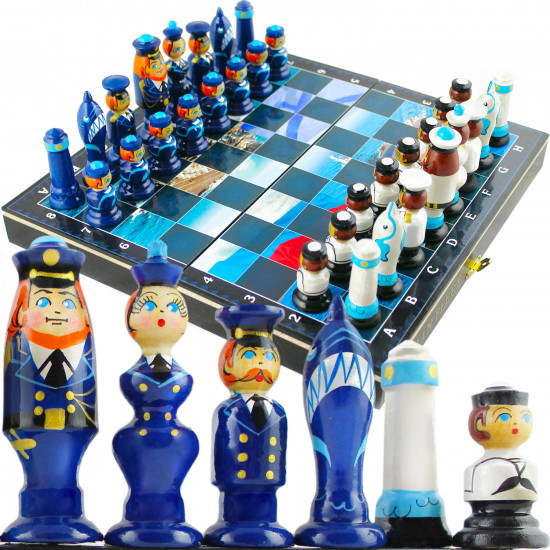 Russian Navy Fleet Themed Chess Set - Wooden Chess Pieces Matryoshka Dolls