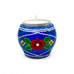 Wooden Candle Holder Yaselda with Slavic Folk Floral Painting Blue
