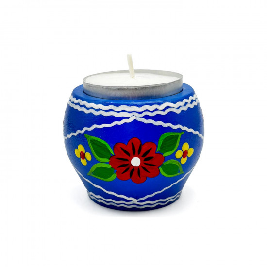 Wooden Candle Holder Yaselda with Slavic Folk Floral Painting Blue