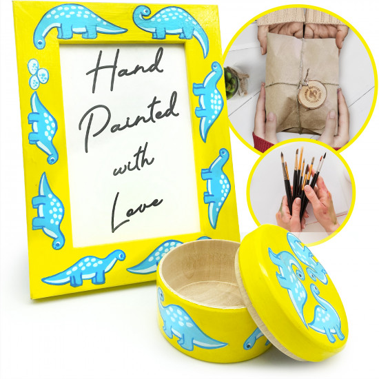 Hand Painted Photo Frame and Wooden Box Gift Set with Dinosaurs