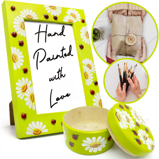 Wooden Gift Set Photo Frame and Box Hand Painted Daisies