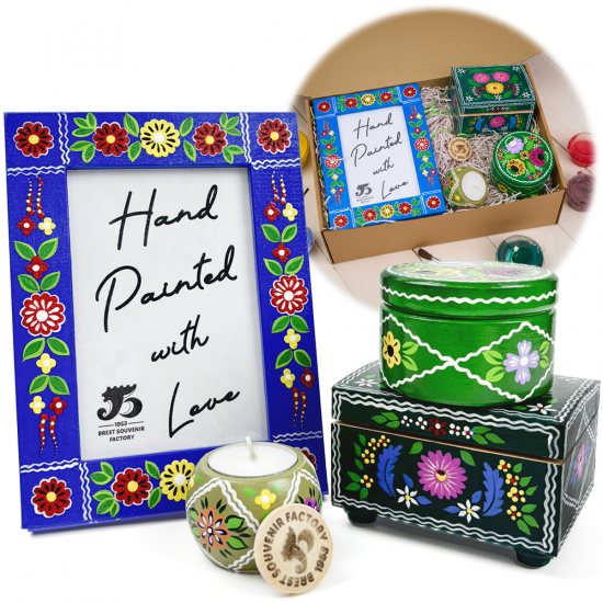 Hand-Painted Wooden Gift Set with Boxes, Frame & Candle Holder