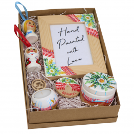 Hand-Painted Gift Set Slavic Design with Wooden Box, Frame, Santa Claus and Snow Maiden Figures 