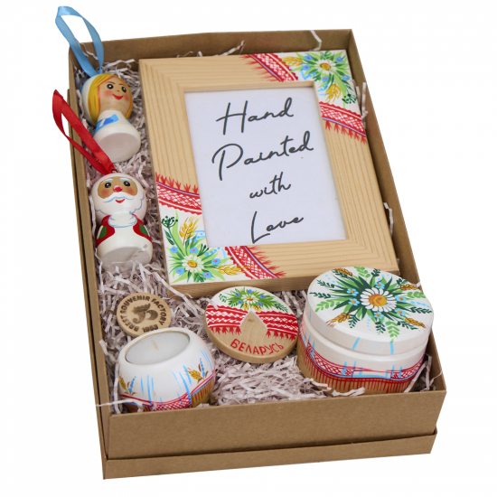 Hand-Painted Gift Set Slavic Design with Wooden Box, Frame, Santa Claus and Snow Maiden Figures 